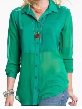 Free People Best of Both Worlds Sheer Button Down Blouse Top Green S